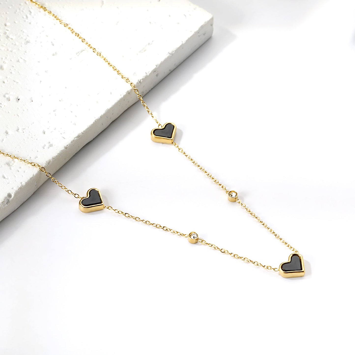 8*10mm 3 heart-shaped white/red/pink/green/black shells + 3.5mm 2 white diamond pendants 0.3 cross chain 41+5cm + 10*3mm square tag Necklace Gold asonjewelry