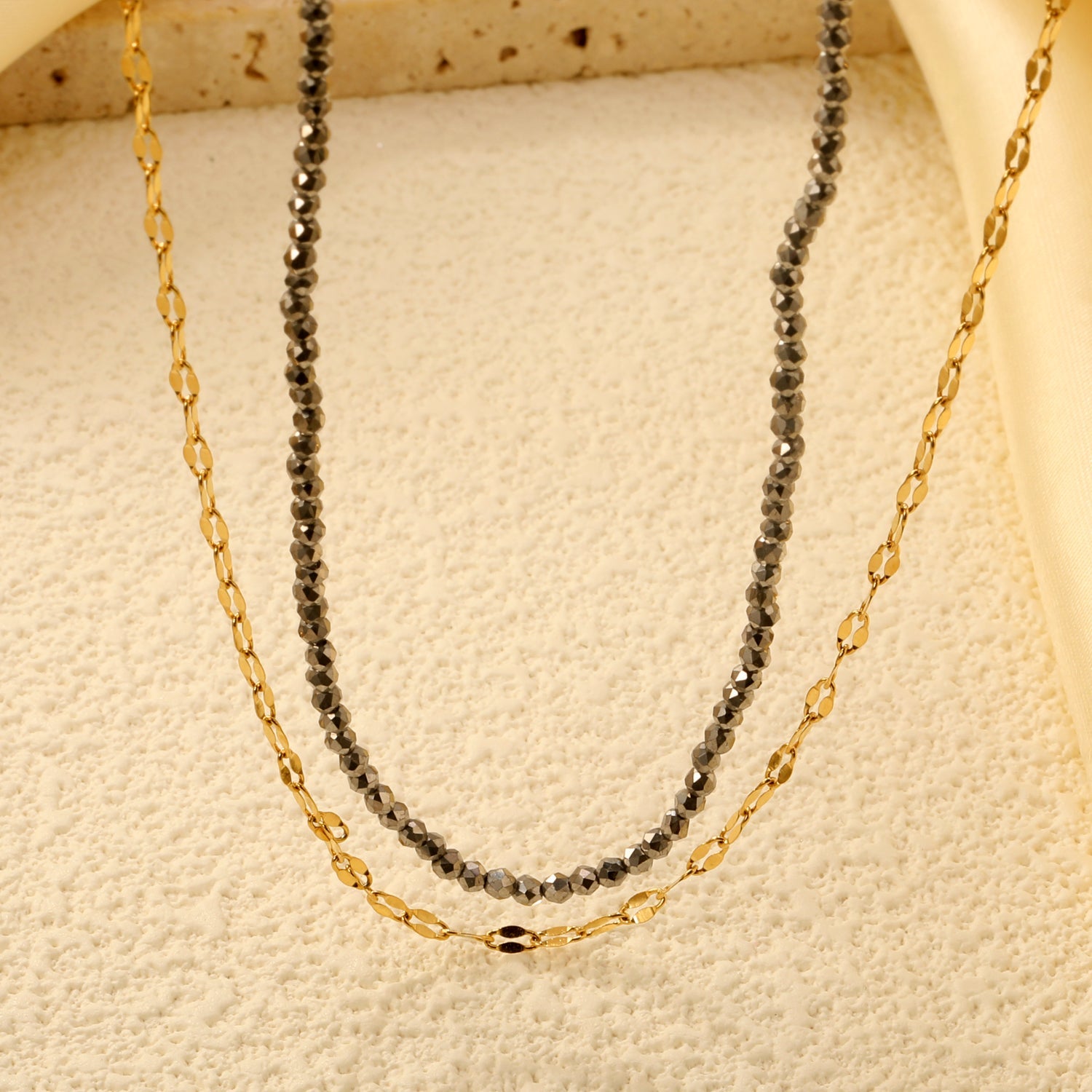 2.2mm Charcoal Black Bead Chain + Lip Chain 40+45+5cm + 6mm Double Chain Necklace Steel Color/Gold Color asonjewelry