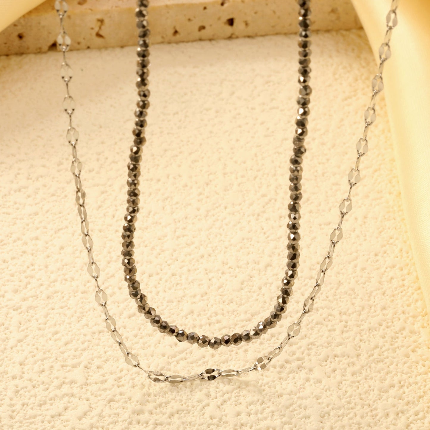 2.2mm Charcoal Black Bead Chain + Lip Chain 40+45+5cm + 6mm Double Chain Necklace Steel Color/Gold Color asonjewelry