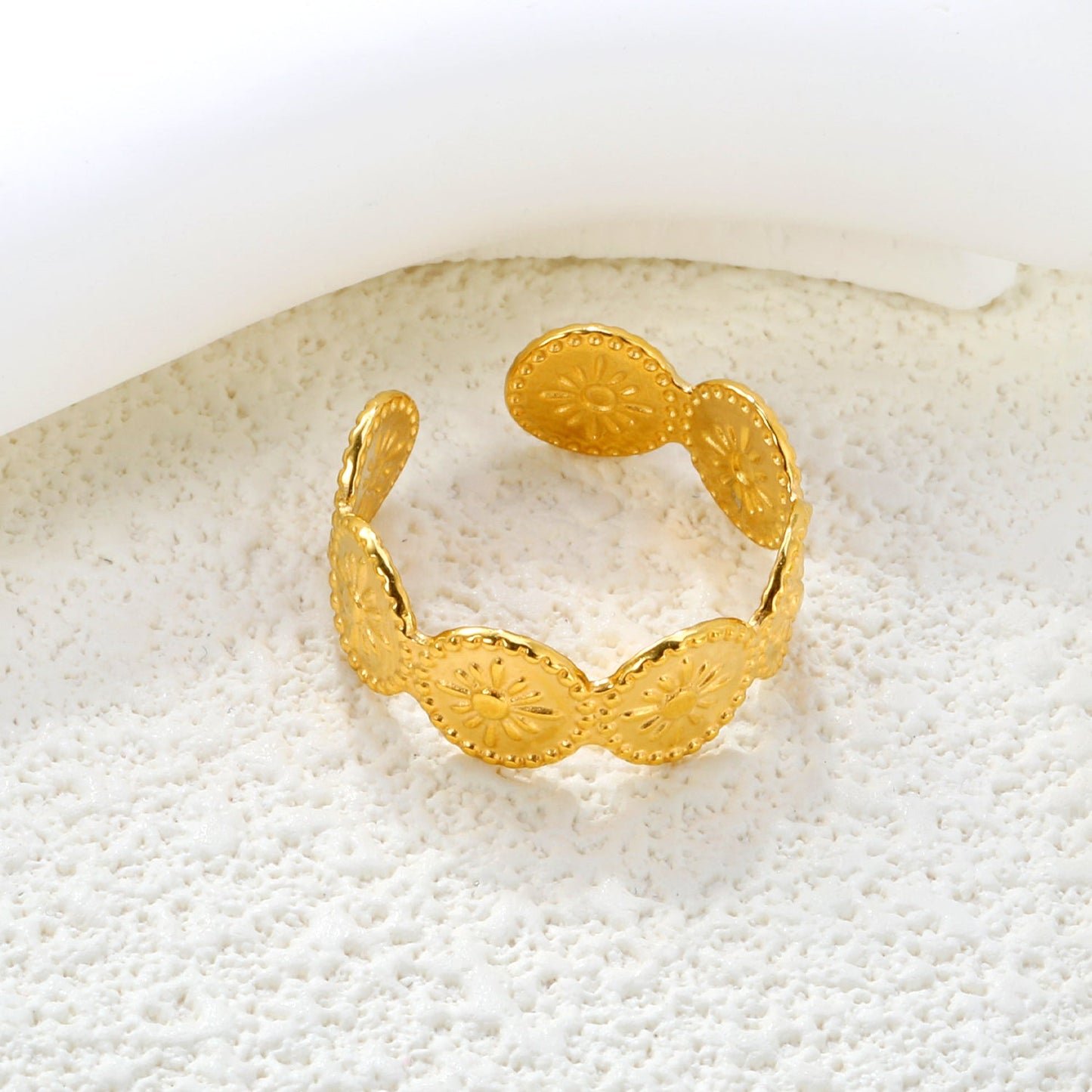 18K Gold - Plated Engraved Disc Linked Ring asonjewelry