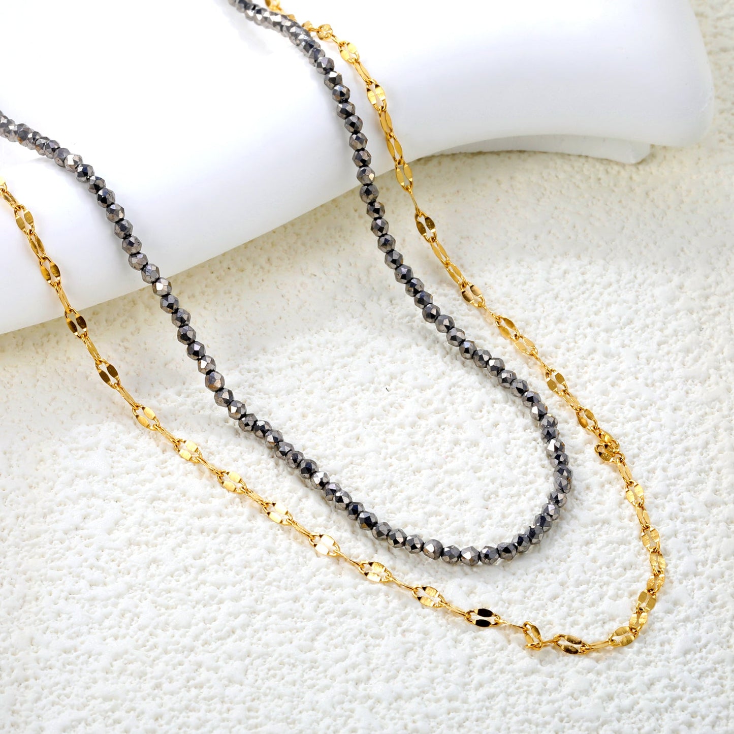 2.2mm Charcoal Black Bead Chain + Lip Chain 40+45+5cm + 6mm Double Chain Necklace Steel Color/Gold Color asonjewelry