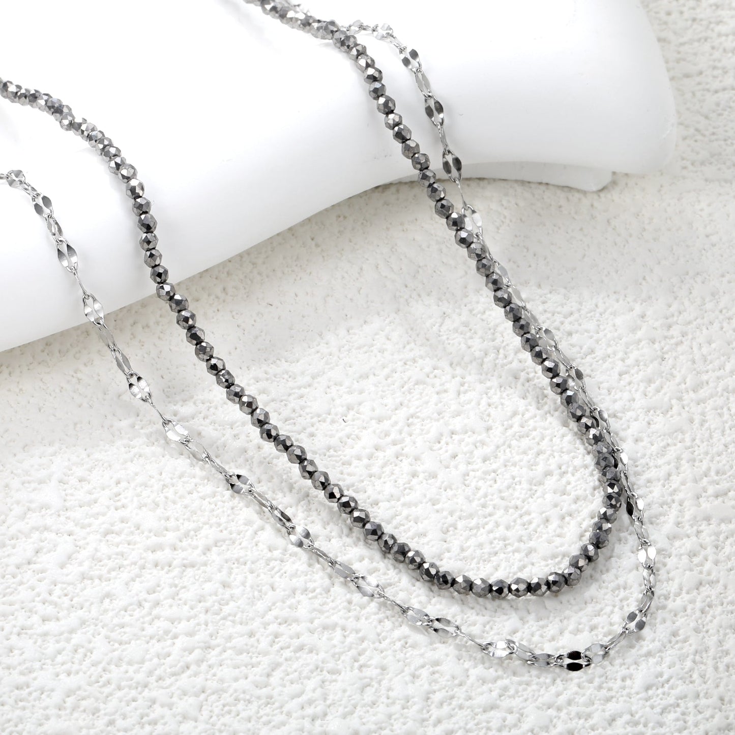 2.2mm Charcoal Black Bead Chain + Lip Chain 40+45+5cm + 6mm Double Chain Necklace Steel Color/Gold Color asonjewelry