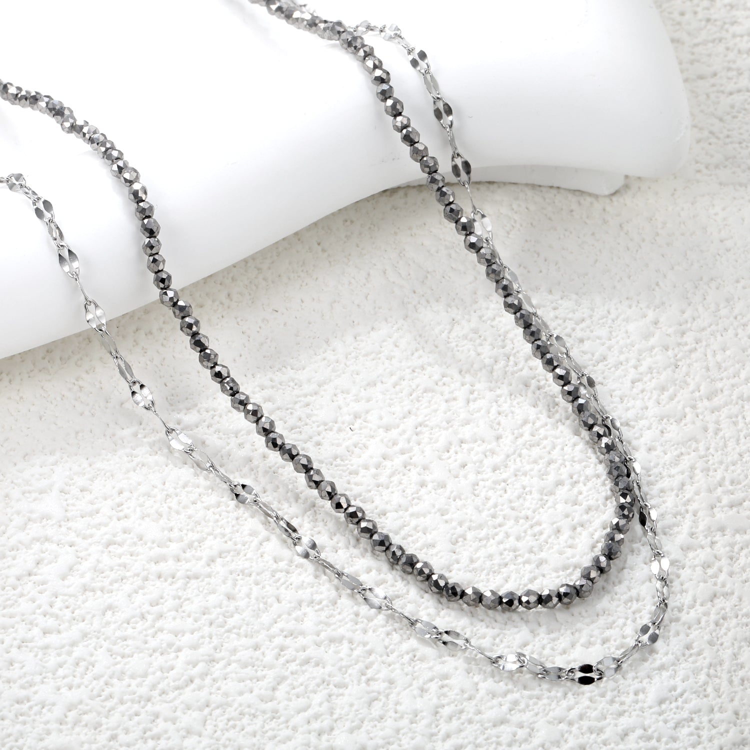 2.2mm Charcoal Black Bead Chain + Lip Chain 40+45+5cm + 6mm Double Chain Necklace Steel Color/Gold Color asonjewelry
