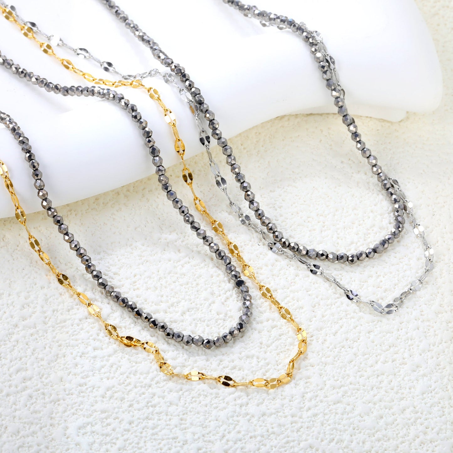 2.2mm Charcoal Black Bead Chain + Lip Chain 40+45+5cm + 6mm Double Chain Necklace Steel Color/Gold Color asonjewelry