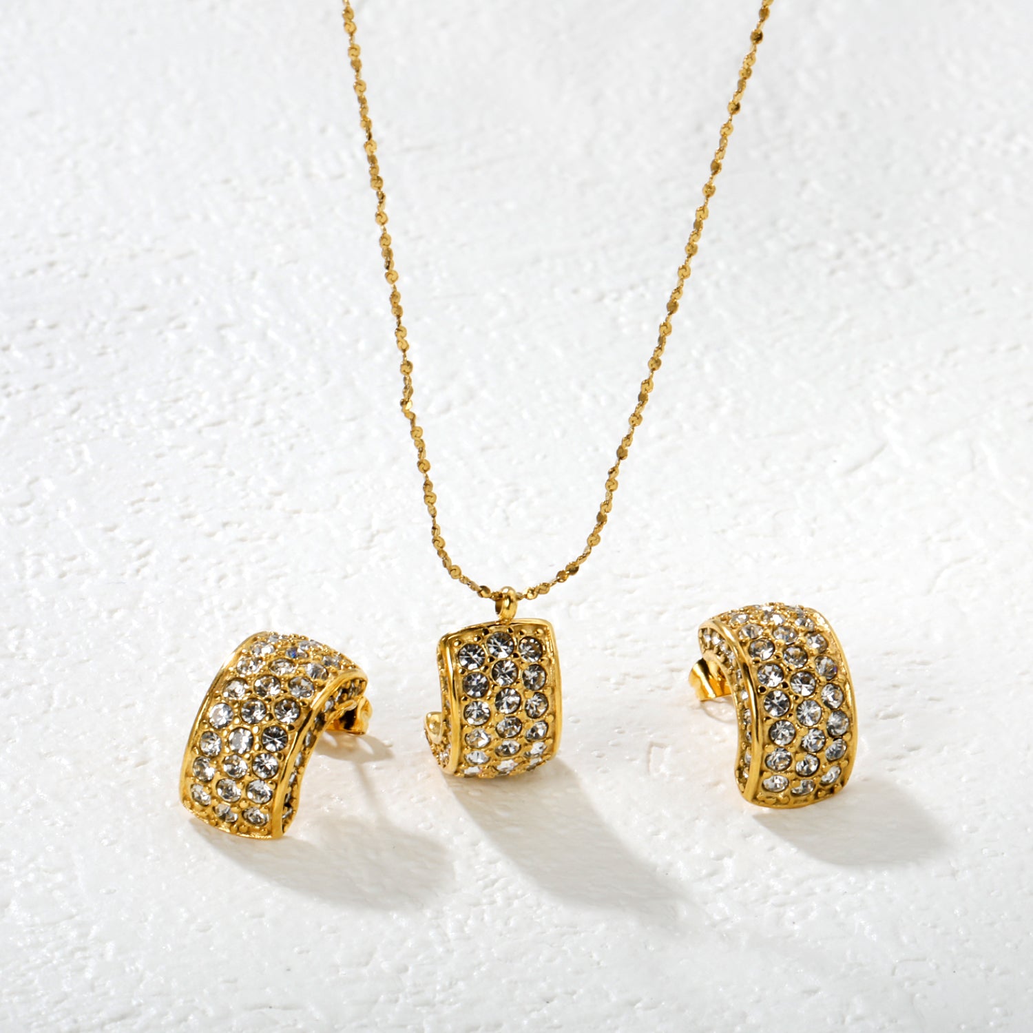 C-Shaped White Diamond/Emerald-Cut Diamond Set Gold Earrings/Pendant 0.3ct Cross-Cut Round Diamond 40+5cm Chain + 6mm Round Tag asonjewelry