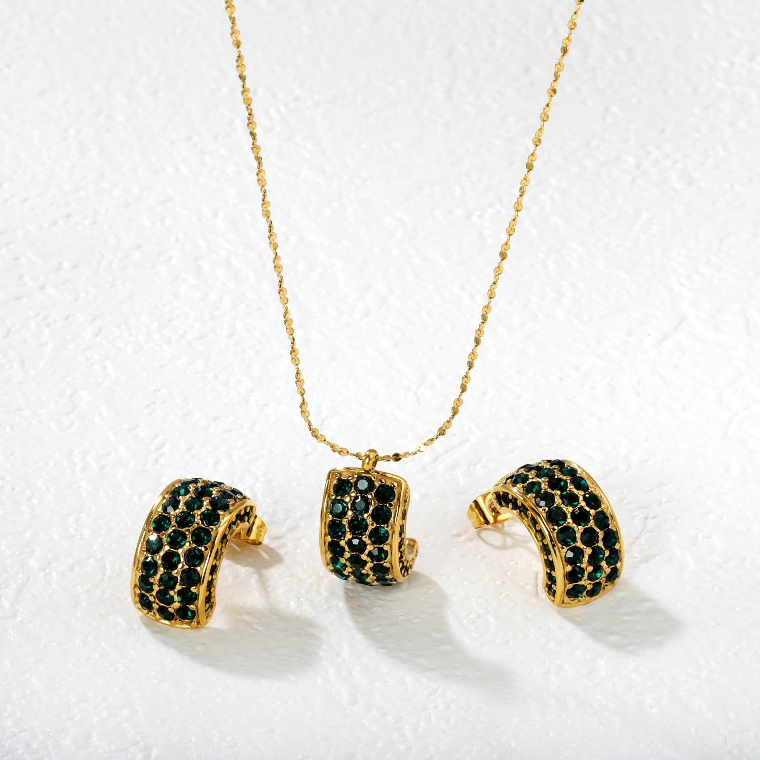 C-Shaped White Diamond/Emerald-Cut Diamond Set Gold Earrings/Pendant 0.3ct Cross-Cut Round Diamond 40+5cm Chain + 6mm Round Tag asonjewelry