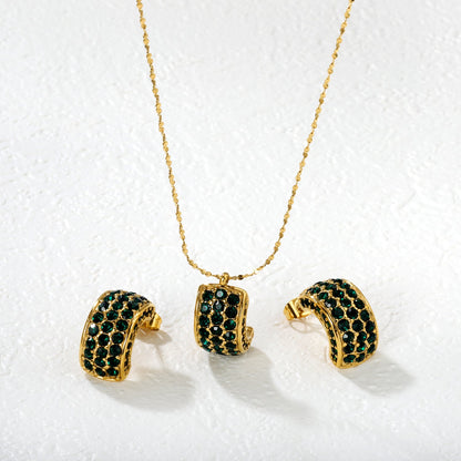 C-Shaped White Diamond/Emerald-Cut Diamond Set Gold Earrings/Pendant 0.3ct Cross-Cut Round Diamond 40+5cm Chain + 6mm Round Tag asonjewelry