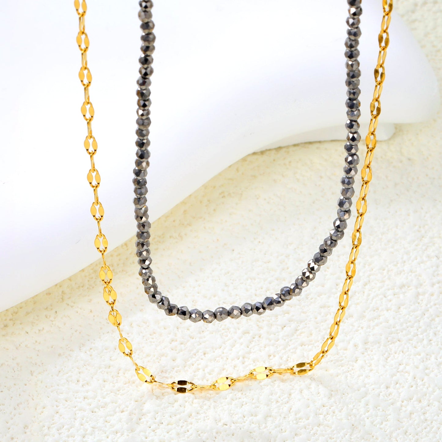 2.2mm Charcoal Black Bead Chain + Lip Chain 40+45+5cm + 6mm Double Chain Necklace Steel Color/Gold Color asonjewelry