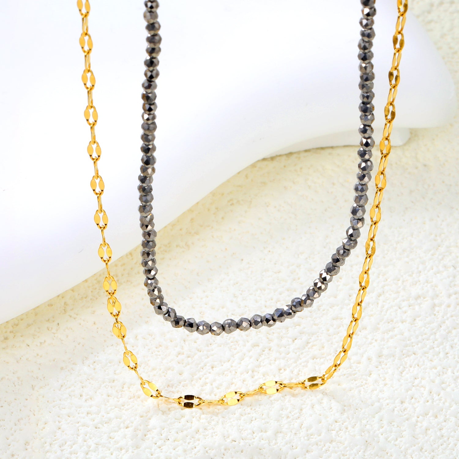 2.2mm Charcoal Black Bead Chain + Lip Chain 40+45+5cm + 6mm Double Chain Necklace Steel Color/Gold Color asonjewelry