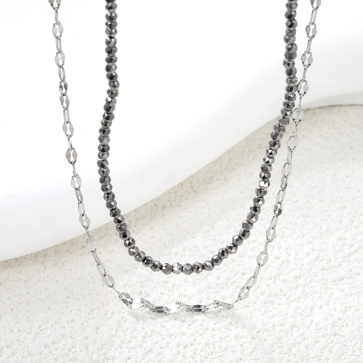 2.2mm Charcoal Black Bead Chain + Lip Chain 40+45+5cm + 6mm Double Chain Necklace Steel Color/Gold Color asonjewelry