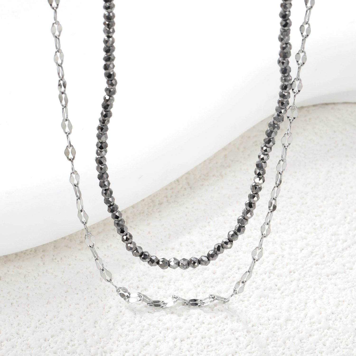 2.2mm Charcoal Black Bead Chain + Lip Chain 40+45+5cm + 6mm Double Chain Necklace Steel Color/Gold Color asonjewelry