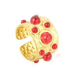 14mm high, mixed color stone / emerald transparent stone / ruby red stone, open ring, gold