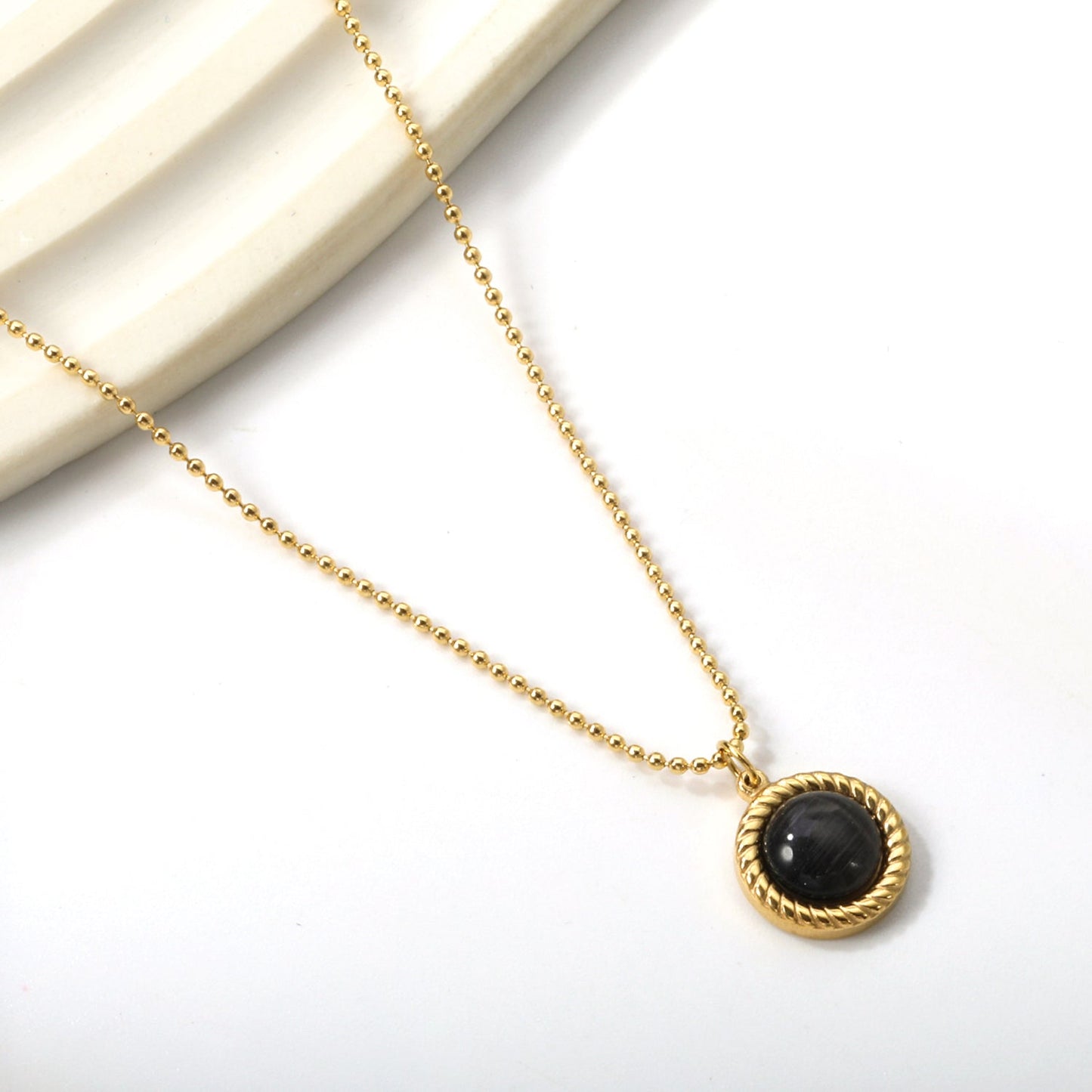 Round Twist Trim with Black Cat's Eye Pendant 11.6mm Necklace 45+5cm asonjewelry