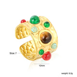 14mm high, mixed color stone / emerald transparent stone / ruby red stone, open ring, gold