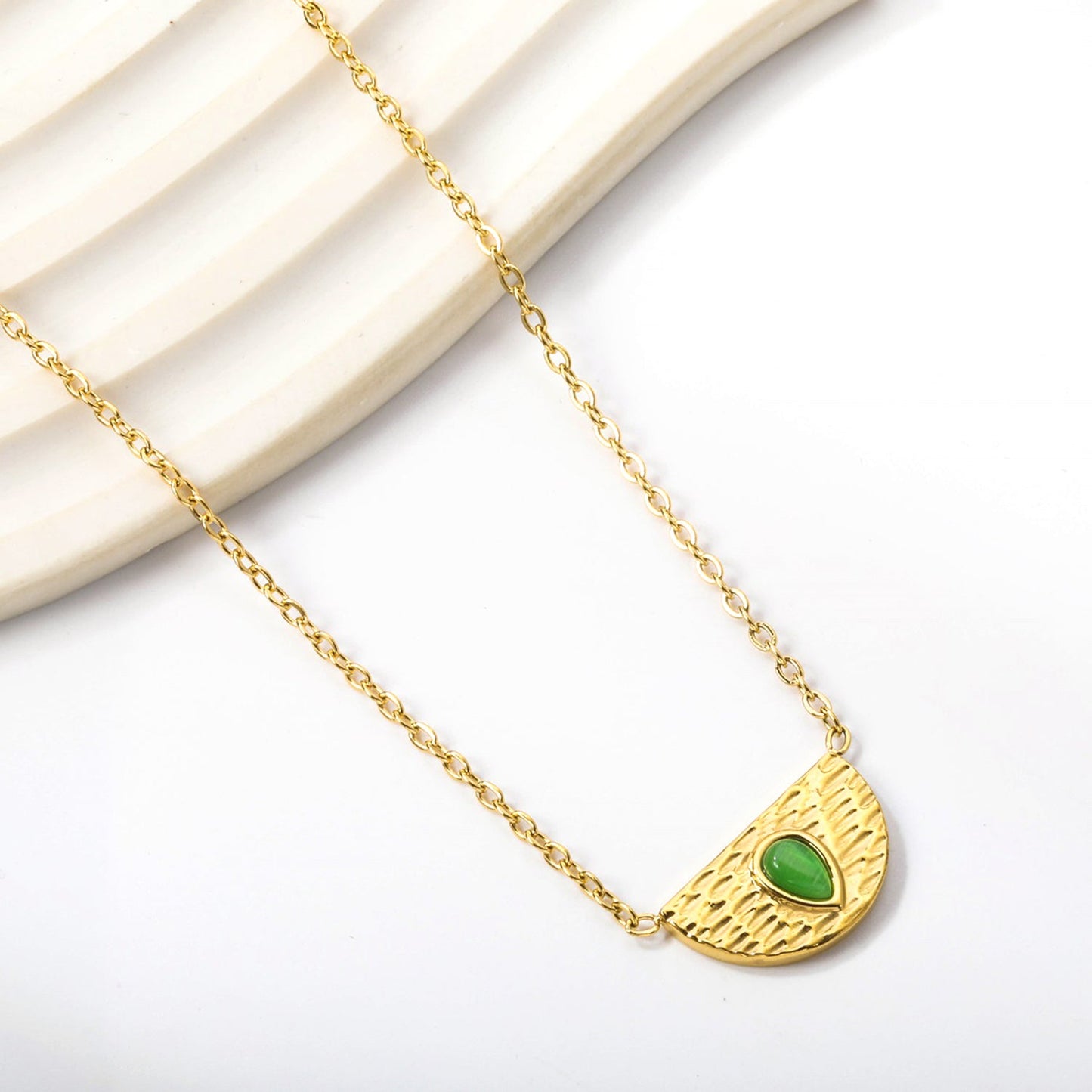 Semi-circle with teardrop green cat's eye pendant 20.3*11.6MM Necklace 45+5cm asonjewelry