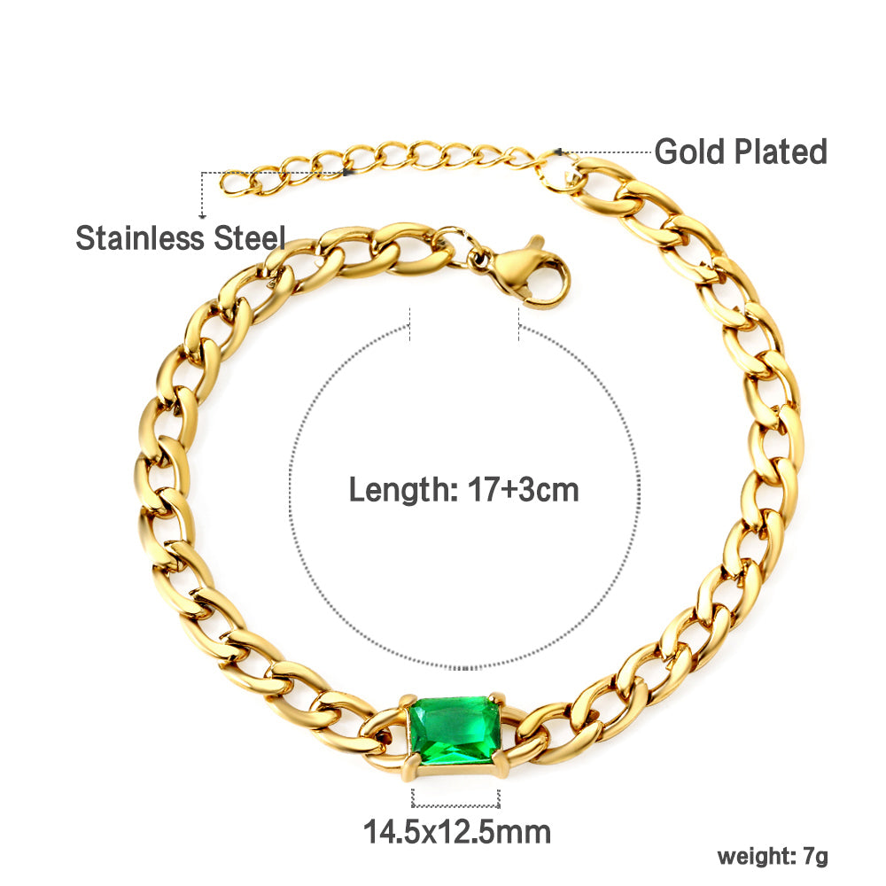 2024 New Year Rectangle with Green Diamonds Bracelet 17+3cm asonjewelry