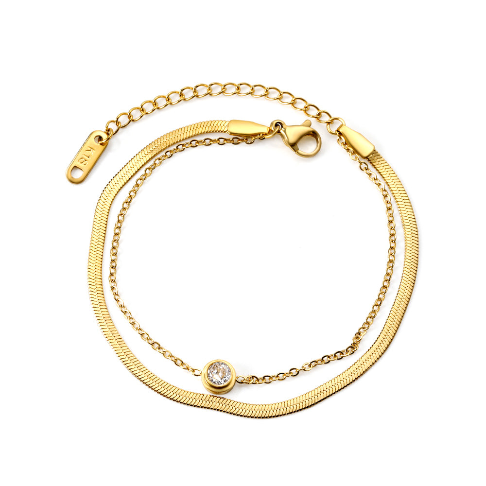Round white diamond accessories + double chain bracelet 16+5cm gold asonjewelry