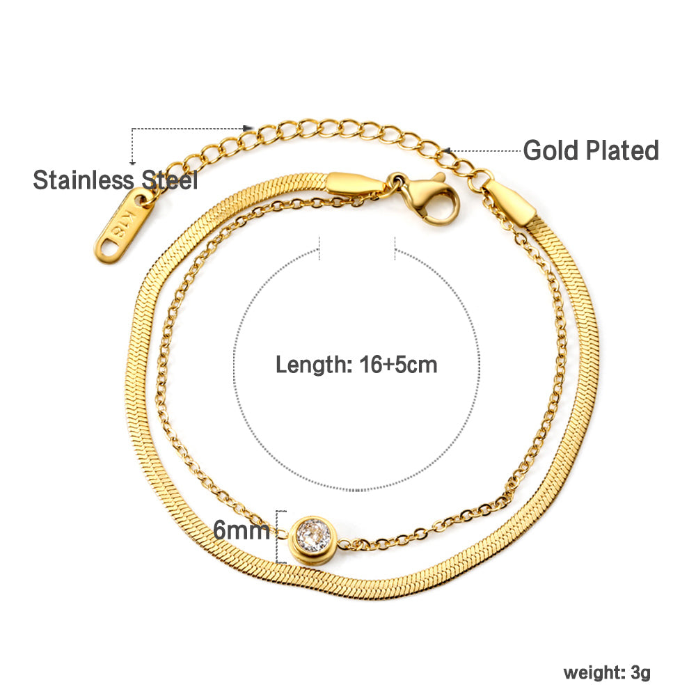 Round white diamond accessories + double chain bracelet 16+5cm gold asonjewelry