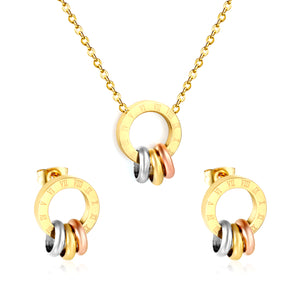 Roman numeral hollowed-out three-color ring set, gold color, earrings, pendant: 12*12mm, 0.35 cross chain, 40+5cm+6mm round tail tag