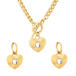 White Diamond Heart Set - Gold  Earrings: 2.0*10 heart accessories, 18*16mm  Pendant: 18*16mm  OT Clasp: 1.4*5, Side Chain: 43cm