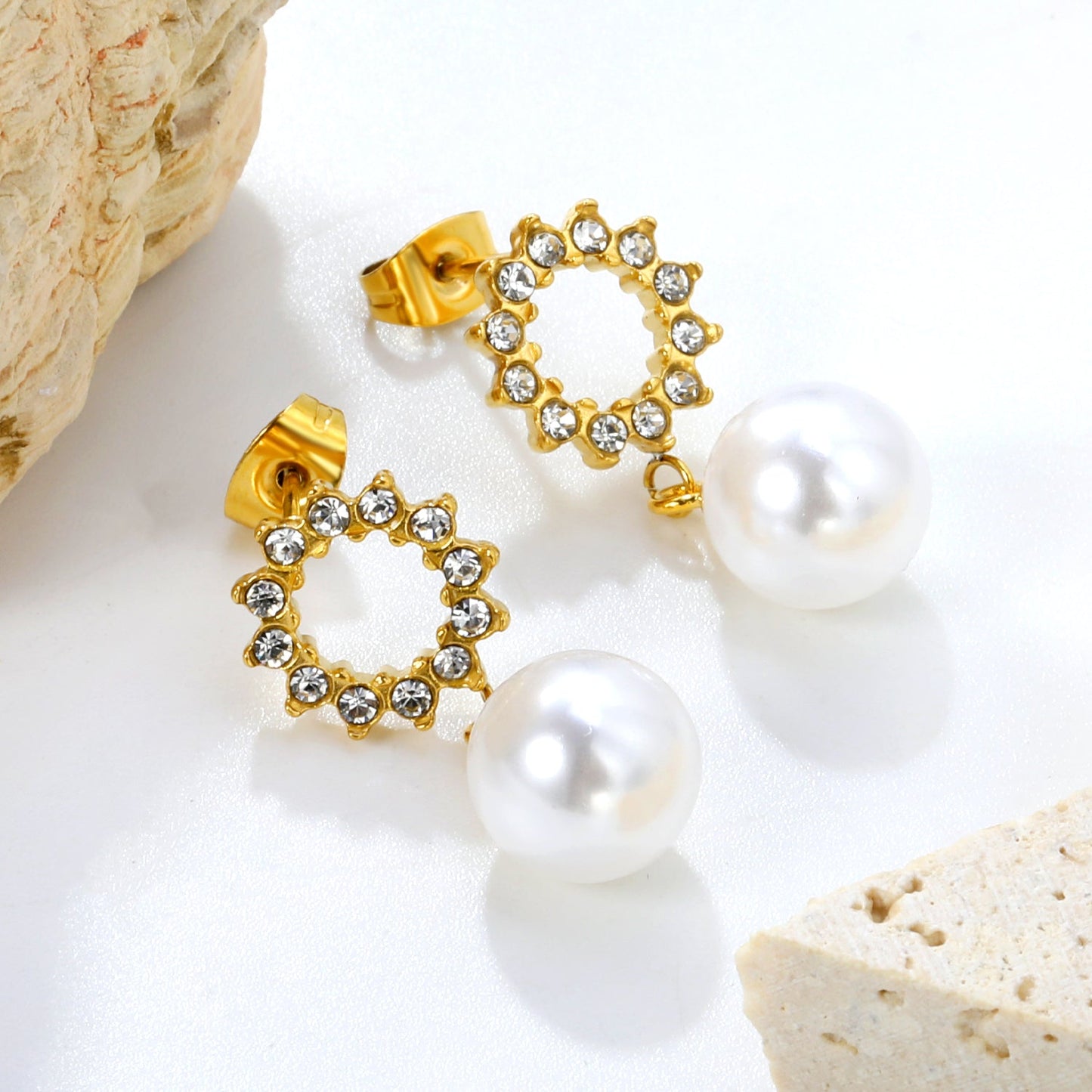 9.9mm rubber pearl pendant + 11.9mm round white diamond ring stud earrings, gold color asonjewelry