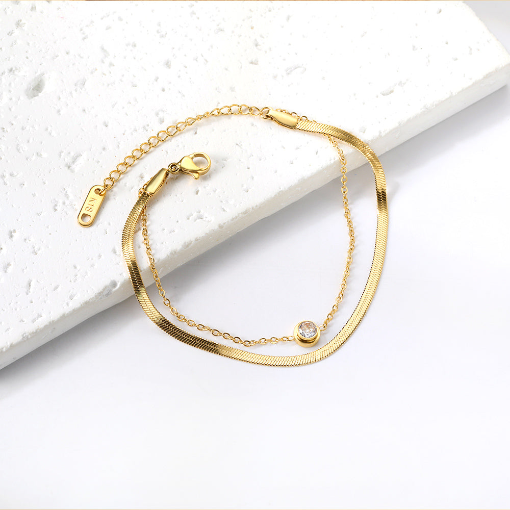 Round white diamond accessories + double chain bracelet 16+5cm gold asonjewelry