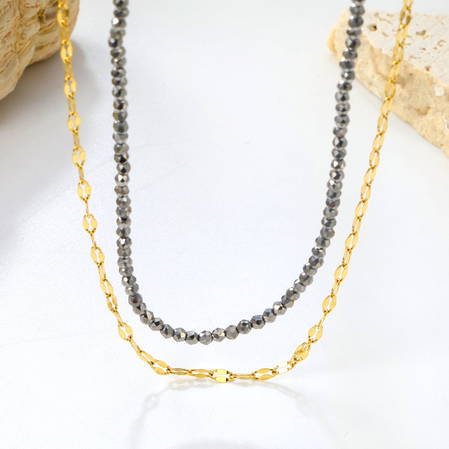 2.2mm Charcoal Black Bead Chain + Lip Chain 40+45+5cm + 6mm Double Chain Necklace Steel Color/Gold Color asonjewelry