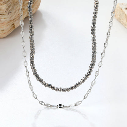 2.2mm Charcoal Black Bead Chain + Lip Chain 40+45+5cm + 6mm Double Chain Necklace Steel Color/Gold Color asonjewelry