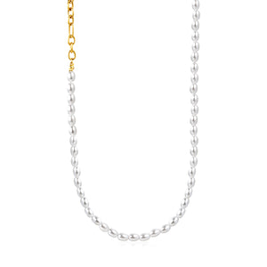 7*5mm plastic beads + 7*5mm O-shaped chain triple-strung into one long O-shaped chain 42 + 5cm + 6mm round tail label  necklace  gold