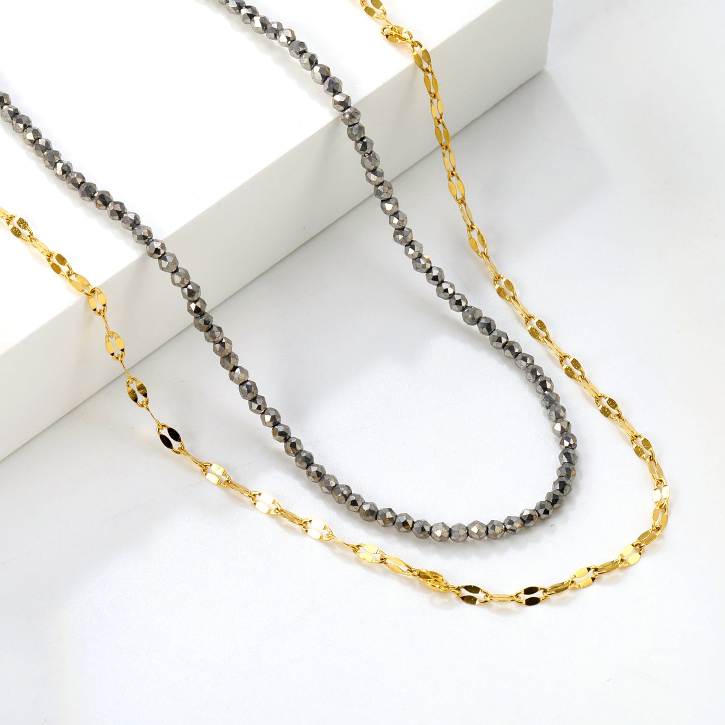 2.2mm Charcoal Black Bead Chain + Lip Chain 40+45+5cm + 6mm Double Chain Necklace Steel Color/Gold Color asonjewelry