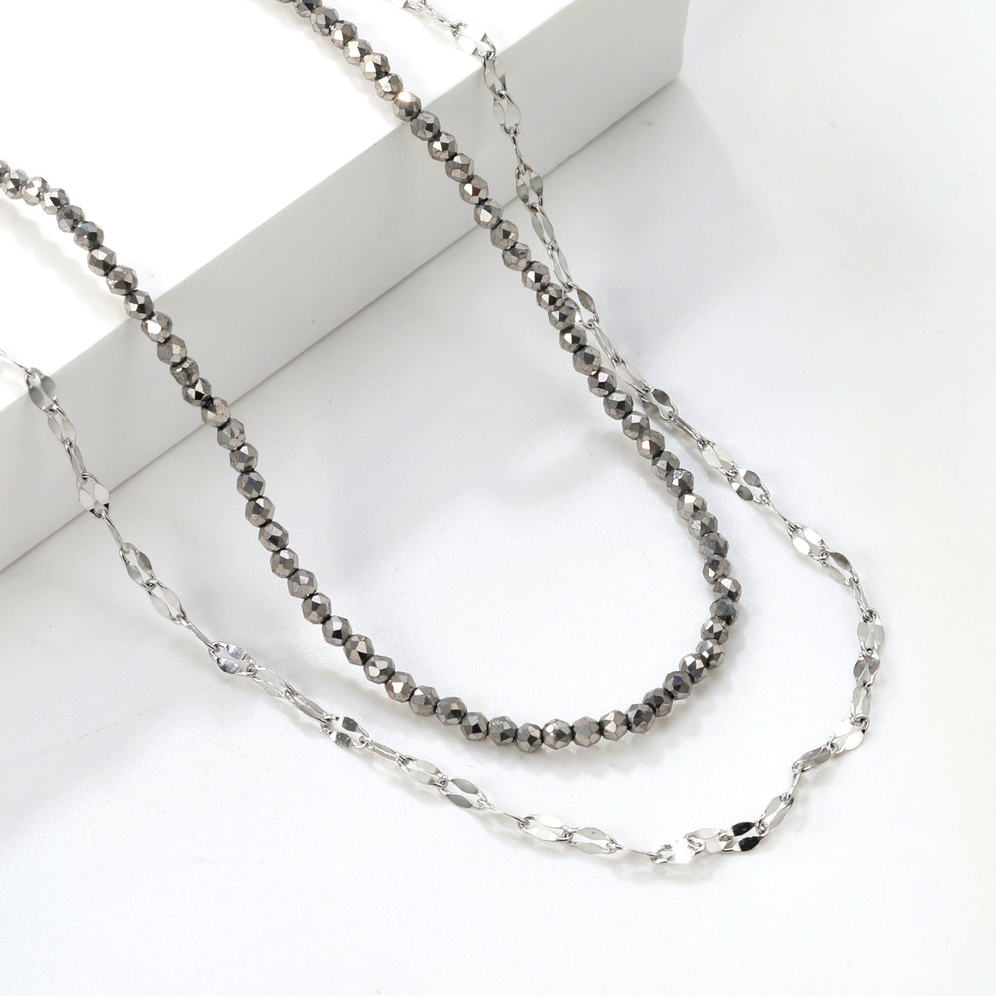 2.2mm Charcoal Black Bead Chain + Lip Chain 40+45+5cm + 6mm Double Chain Necklace Steel Color/Gold Color asonjewelry