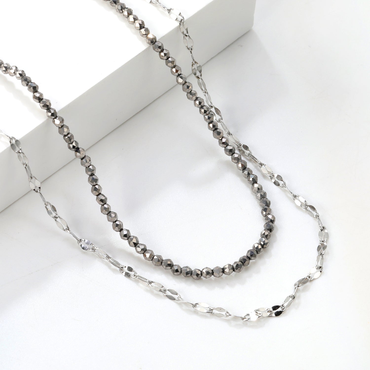 2.2mm Charcoal Black Bead Chain + Lip Chain 40+45+5cm + 6mm Double Chain Necklace Steel Color/Gold Color asonjewelry