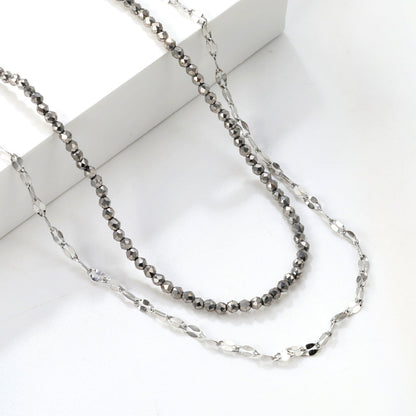 2.2mm Charcoal Black Bead Chain + Lip Chain 40+45+5cm + 6mm Double Chain Necklace Steel Color/Gold Color asonjewelry