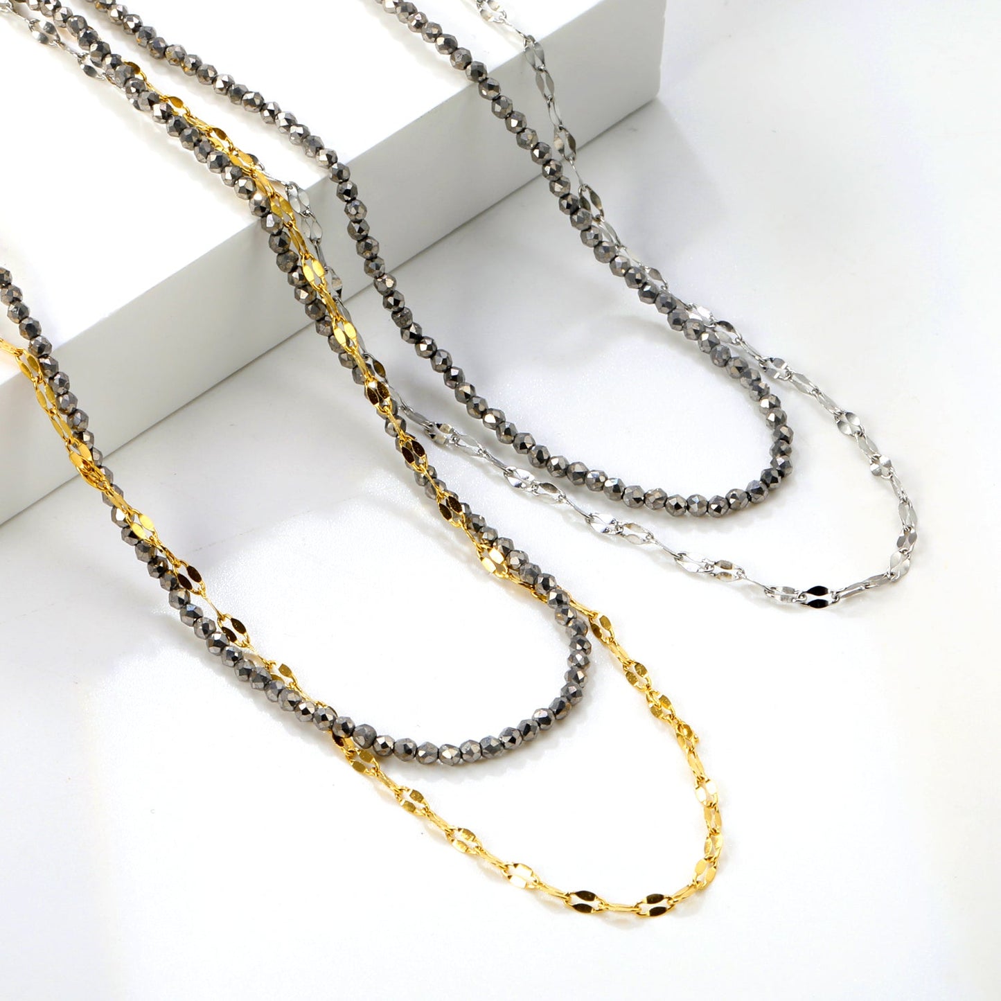 2.2mm Charcoal Black Bead Chain + Lip Chain 40+45+5cm + 6mm Double Chain Necklace Steel Color/Gold Color asonjewelry