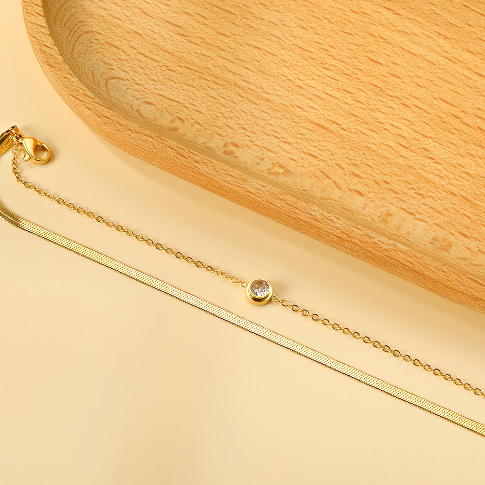 Round white diamond accessories + double chain bracelet 16+5cm gold asonjewelry