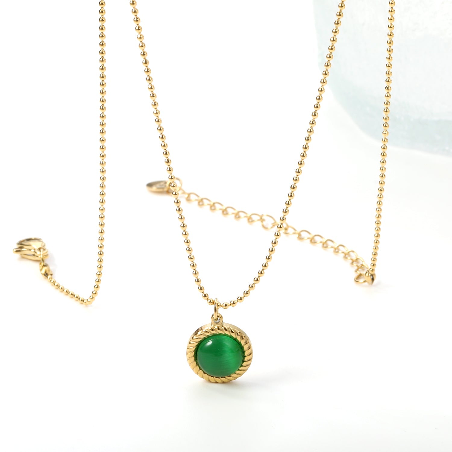 Round twisted edge with green cat's eye pendant 11.6mm Necklace 45+5cm asonjewelry