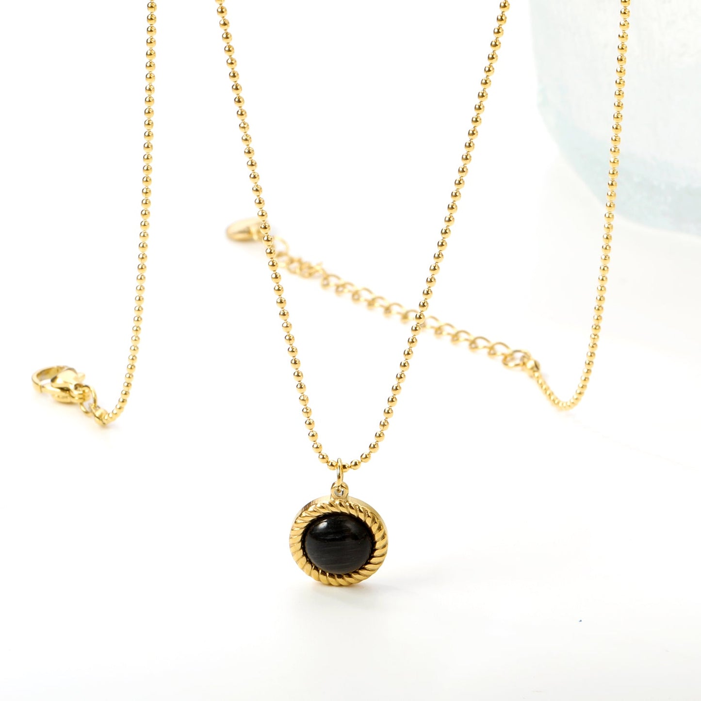 Round Twist Trim with Black Cat's Eye Pendant 11.6mm Necklace 45+5cm asonjewelry