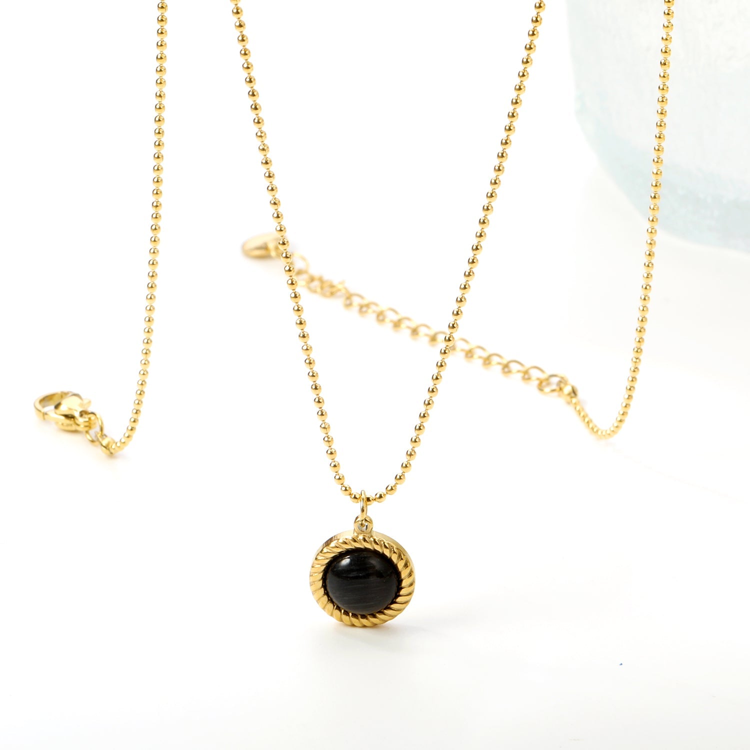 Round Twist Trim with Black Cat's Eye Pendant 11.6mm Necklace 45+5cm asonjewelry