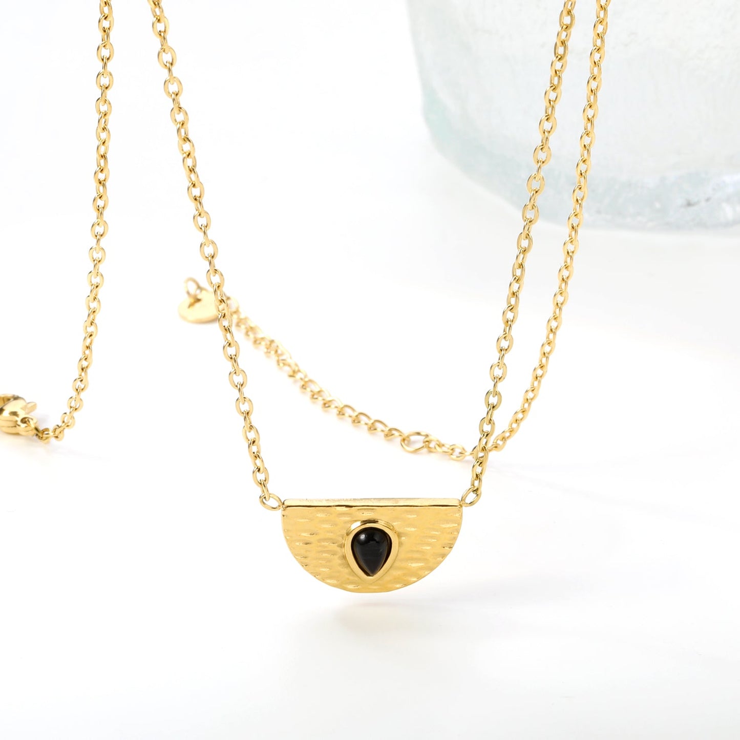 Semi-circle with teardrop black cat's eye pendant 20.3*11.6MM Necklace 45+5cm asonjewelry