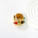 14mm high, mixed color stone / emerald transparent stone / ruby red stone, open ring, gold