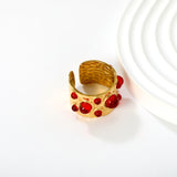 14mm high, mixed color stone / emerald transparent stone / ruby red stone, open ring, gold