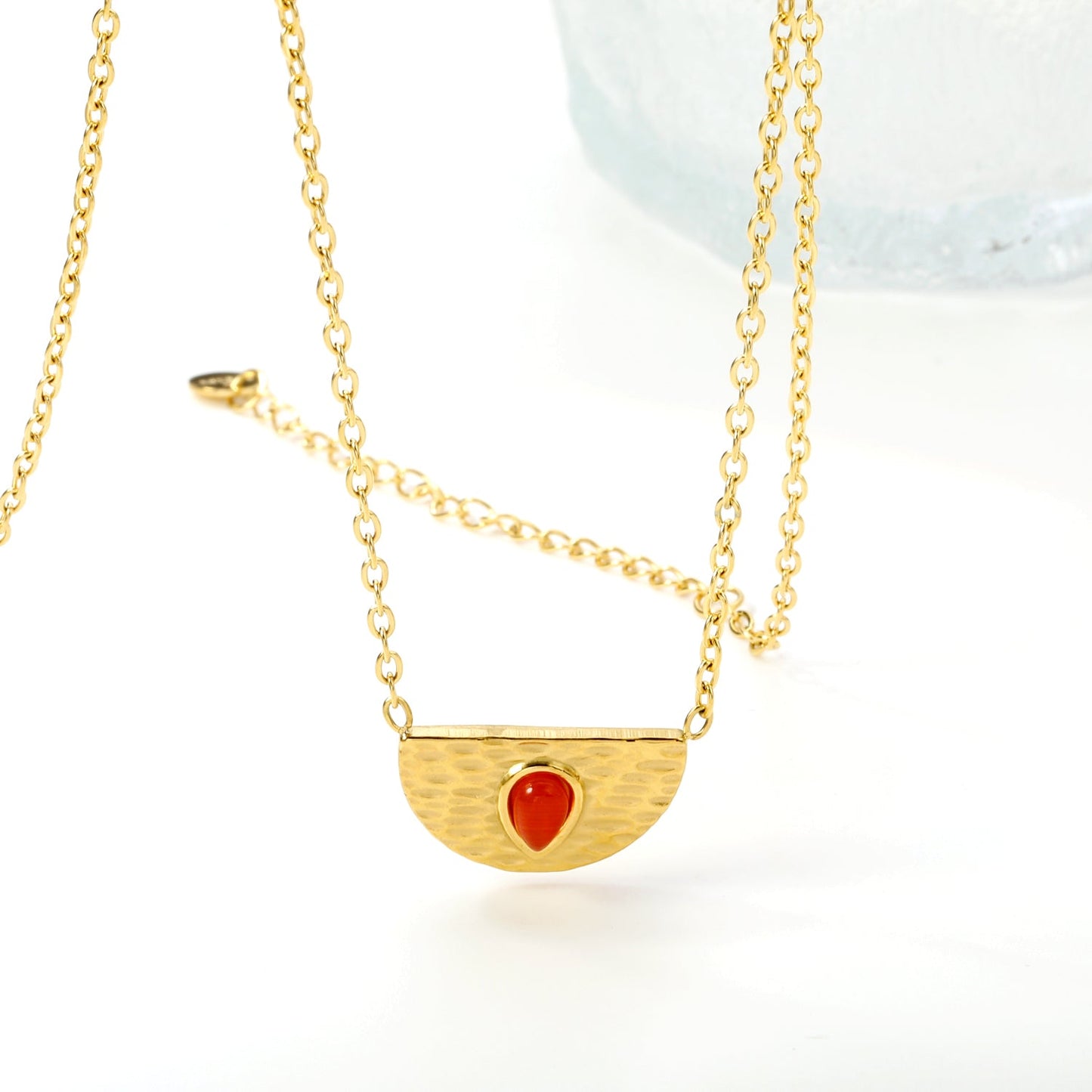 Semi-circle with teardrop red cat's eye pendant 20.3*11.6MM Necklace 45+5cm asonjewelry