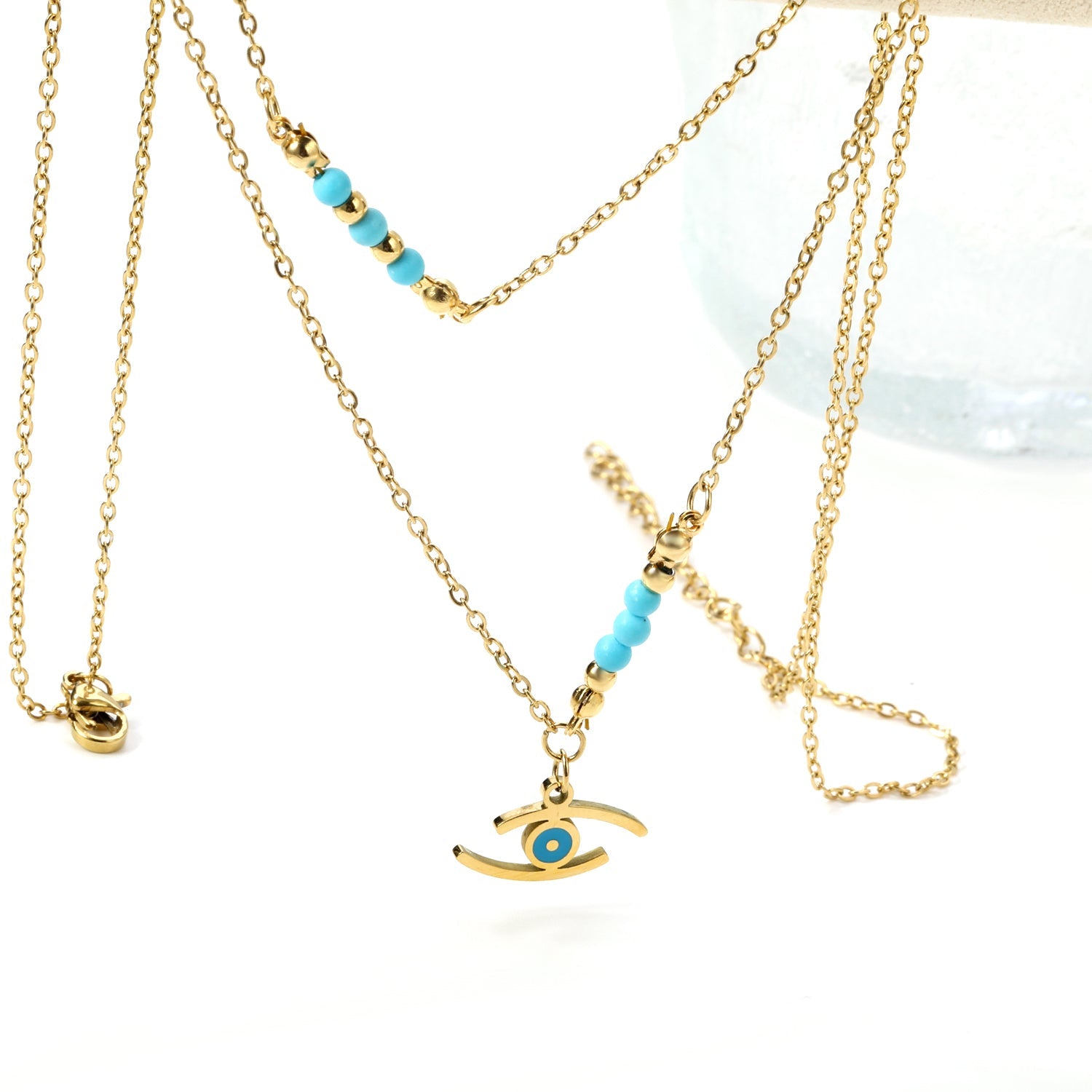 Lake blue eyes accessories 17.8*7.6mm+6 lake blue beads 3.2mm+4 steel beads 3mm with chain double chain 45+38+5cm asonjewelry