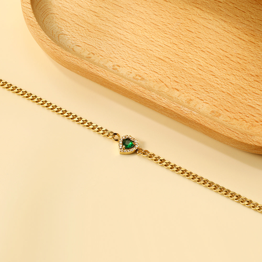 Hot Spring Style Heart Edge White Diamonds with Green Diamonds Bracelet 18+3cm asonjewelry