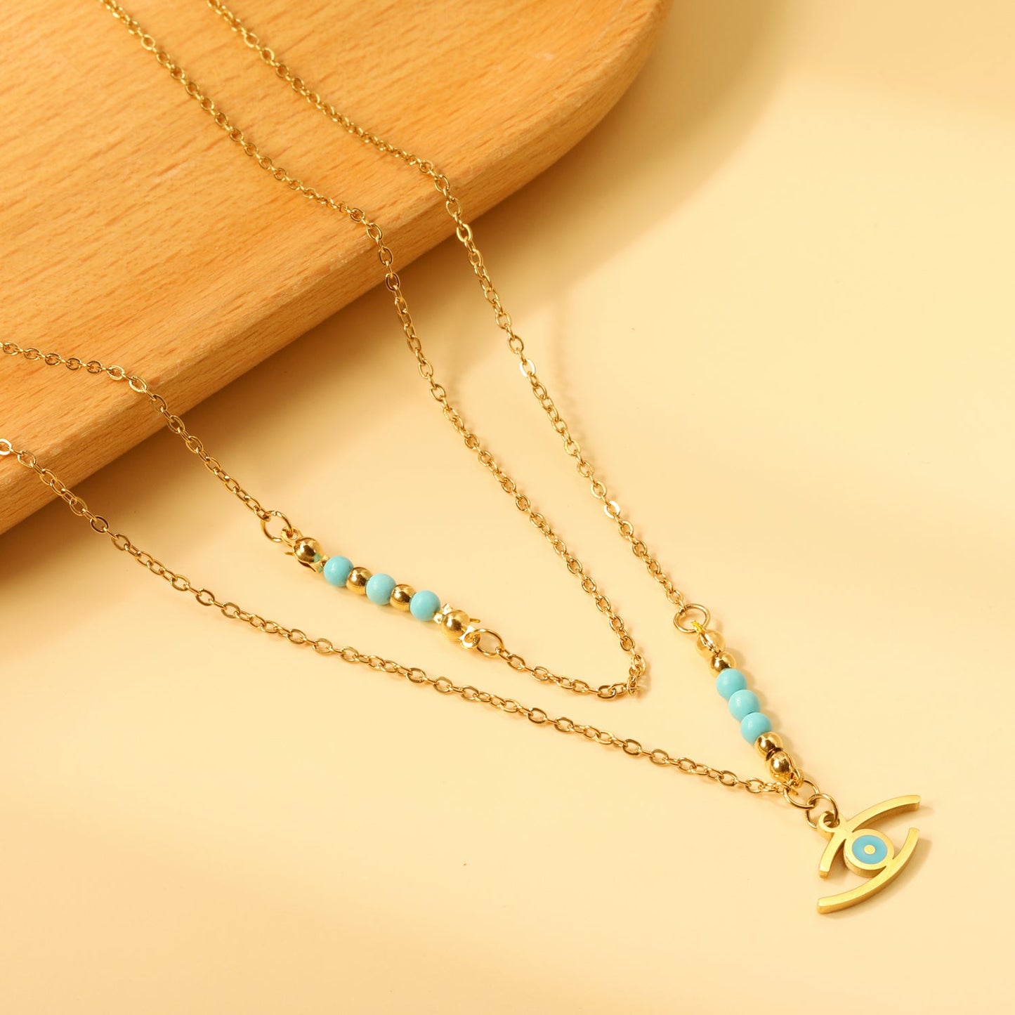 Lake blue eyes accessories 17.8*7.6mm+6 lake blue beads 3.2mm+4 steel beads 3mm with chain double chain 45+38+5cm asonjewelry