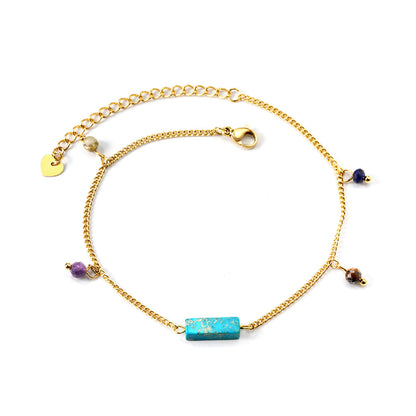 Aquamarine & Blue & Rose & Mixed Color 1 Rectangular Zircon + 4 Mixed Color Beads Anklet 21+5cm Golden asonjewelry