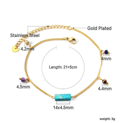 Aquamarine & Blue & Rose & Mixed Color 1 Rectangular Zircon + 4 Mixed Color Beads Anklet 21+5cm Golden asonjewelry