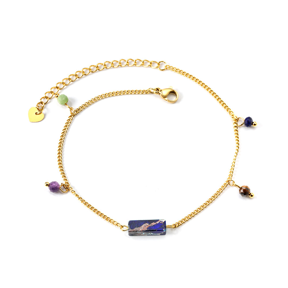 Aquamarine & Blue & Rose & Mixed Color 1 Rectangular Zircon + 4 Mixed Color Beads Anklet 21+5cm Golden asonjewelry