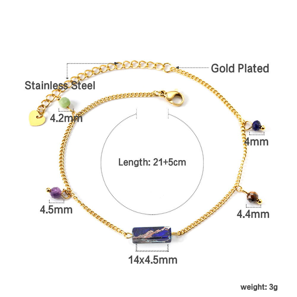 Aquamarine & Blue & Rose & Mixed Color 1 Rectangular Zircon + 4 Mixed Color Beads Anklet 21+5cm Golden asonjewelry