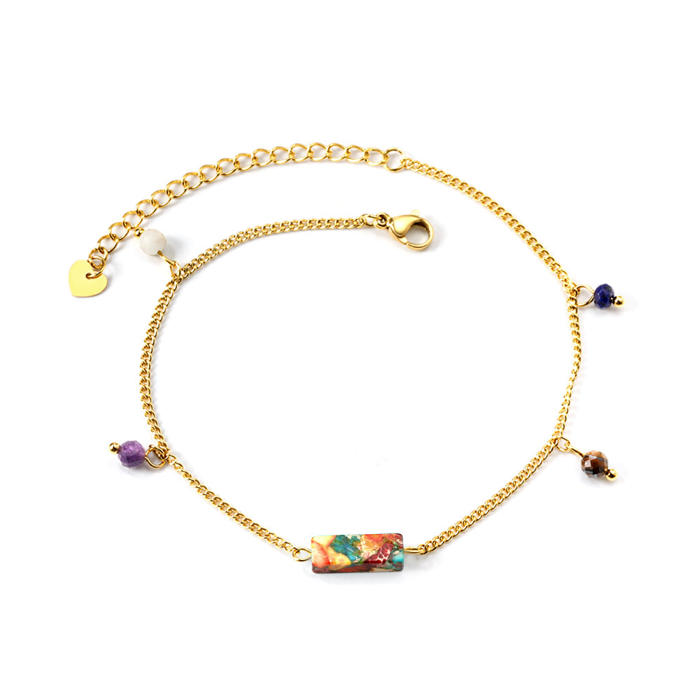 Aquamarine & Blue & Rose & Mixed Color 1 Rectangular Zircon + 4 Mixed Color Beads Anklet 21+5cm Golden asonjewelry